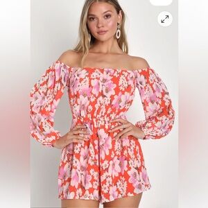 Lulu's Floral Off-Shoulder Romper in Coral and Blush